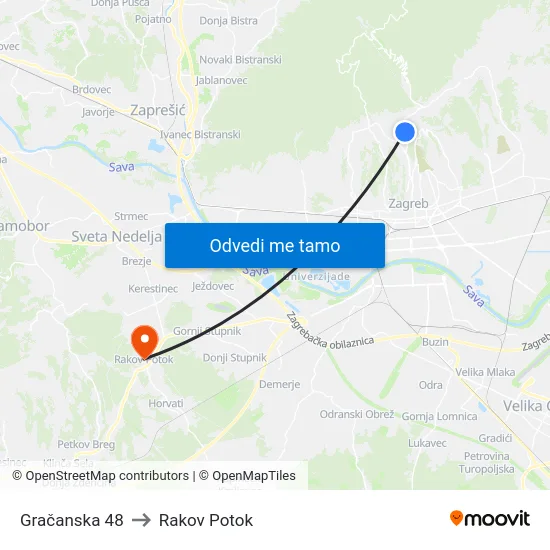 Gračanska 48 to Rakov Potok map