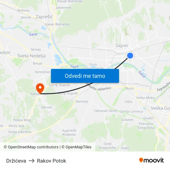 Držićeva to Rakov Potok map