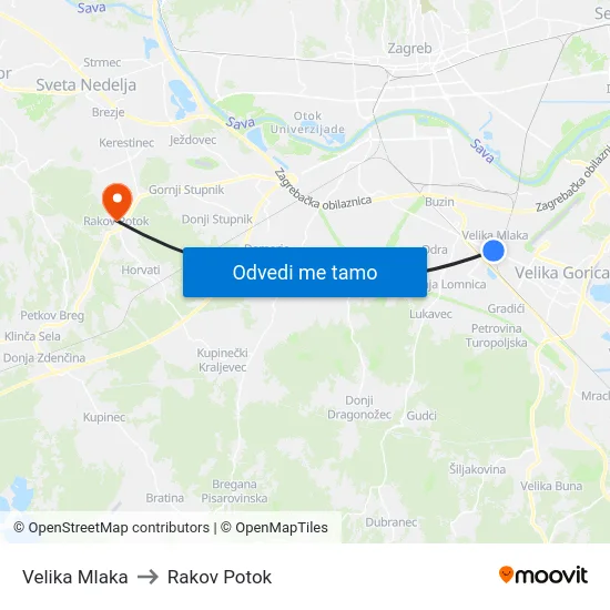 Velika Mlaka to Rakov Potok map