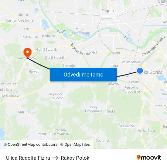 Ulica Rudolfa Fizira to Rakov Potok map
