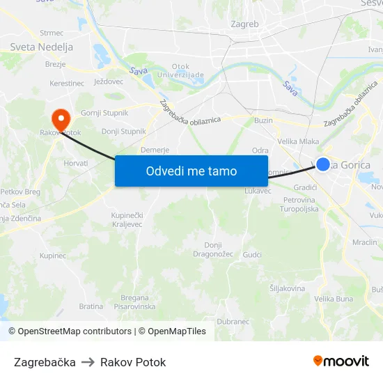 Zagrebačka to Rakov Potok map