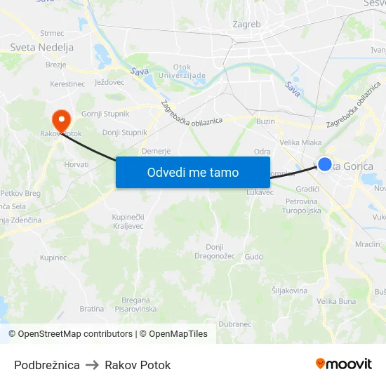 Podbrežnica to Rakov Potok map