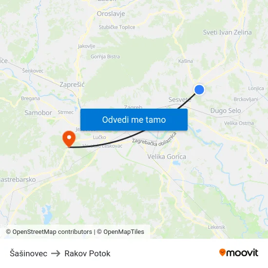 Šašinovec to Rakov Potok map