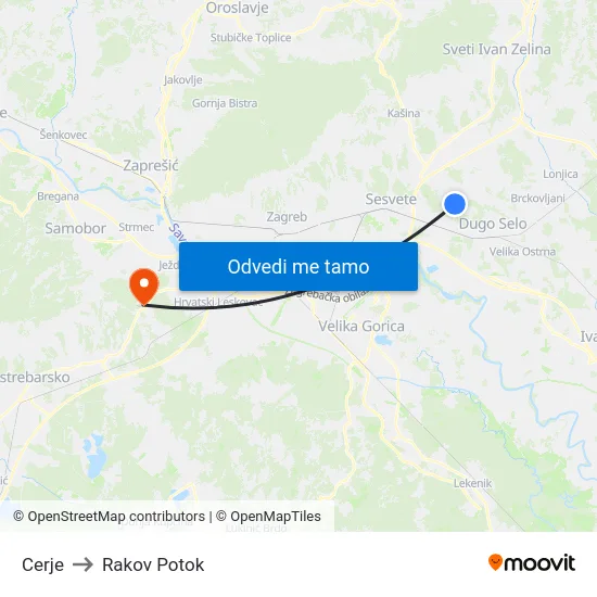 Cerje to Rakov Potok map