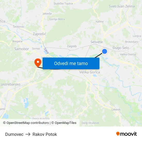 Dumovec to Rakov Potok map