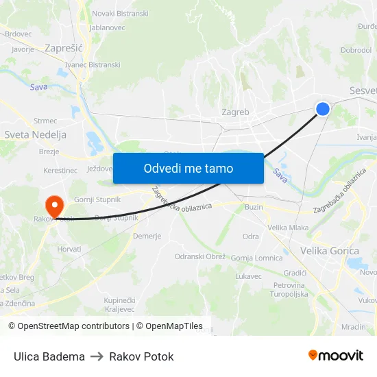 Ulica Badema to Rakov Potok map