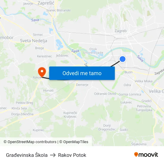 Građevinska Škola to Rakov Potok map