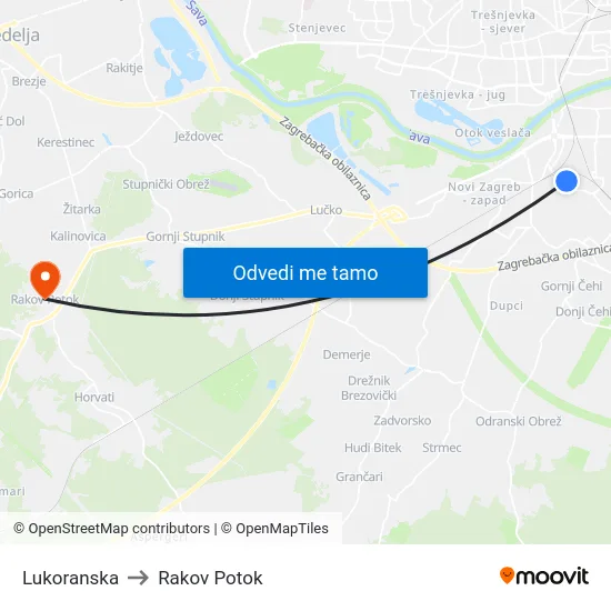 Lukoranska to Rakov Potok map