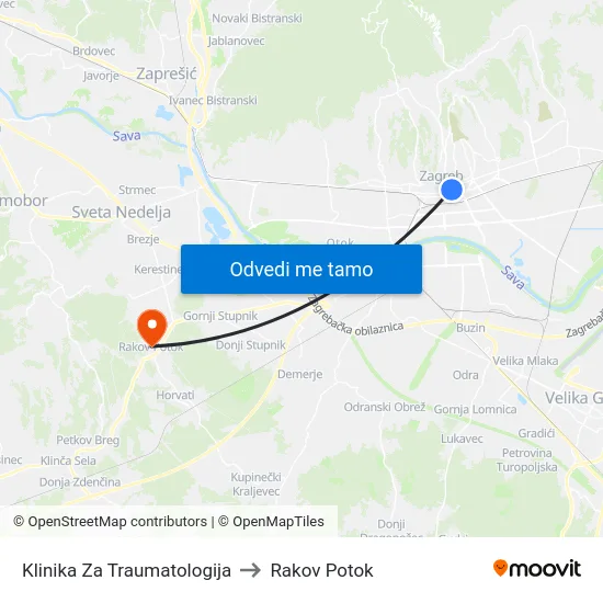 Klinika Za Traumatologija to Rakov Potok map