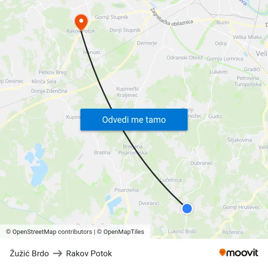 Žužić Brdo to Rakov Potok map