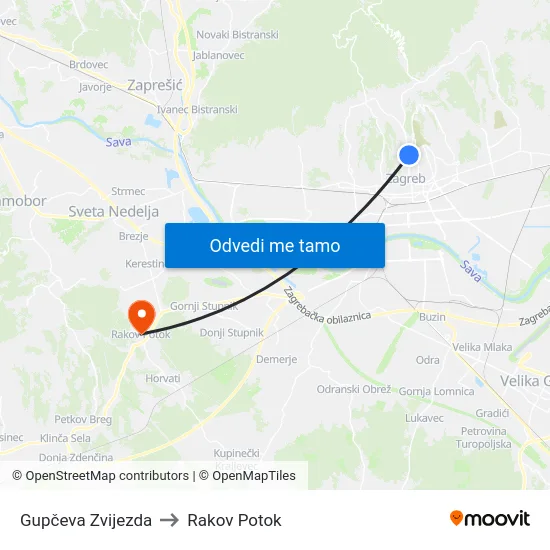 Gupčeva Zvijezda to Rakov Potok map