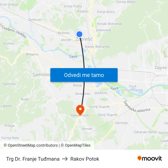 Trg Dr. Franje Tuđmana to Rakov Potok map