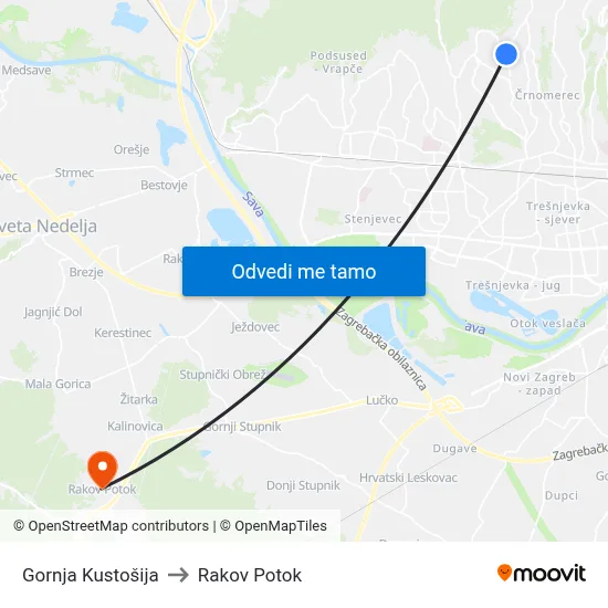 Gornja Kustošija to Rakov Potok map