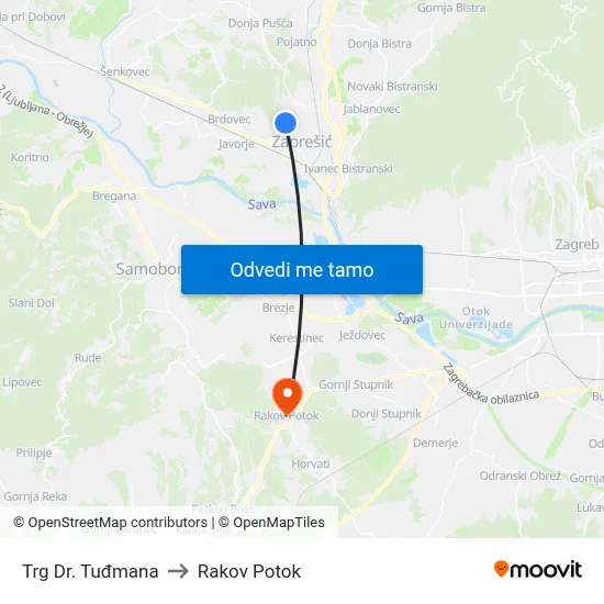 Trg Dr. Tuđmana to Rakov Potok map