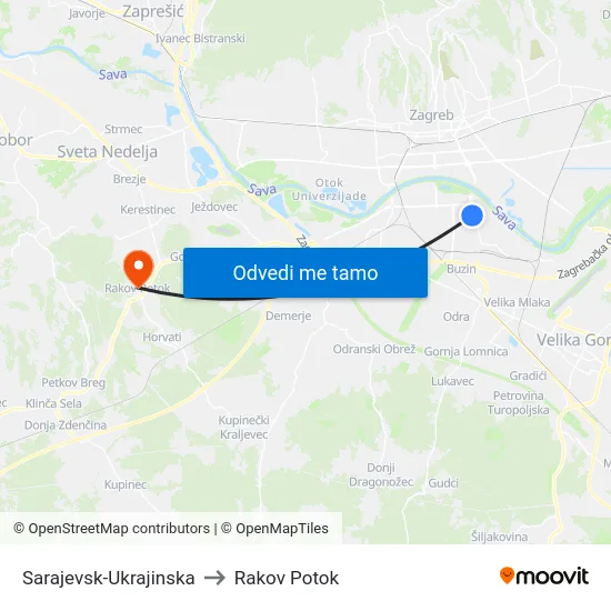 Sarajevsk-Ukrajinska to Rakov Potok map