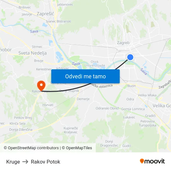 Kruge to Rakov Potok map