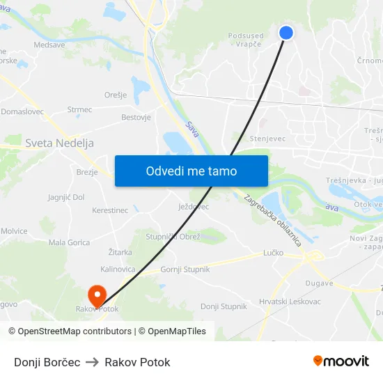 Donji Borčec to Rakov Potok map