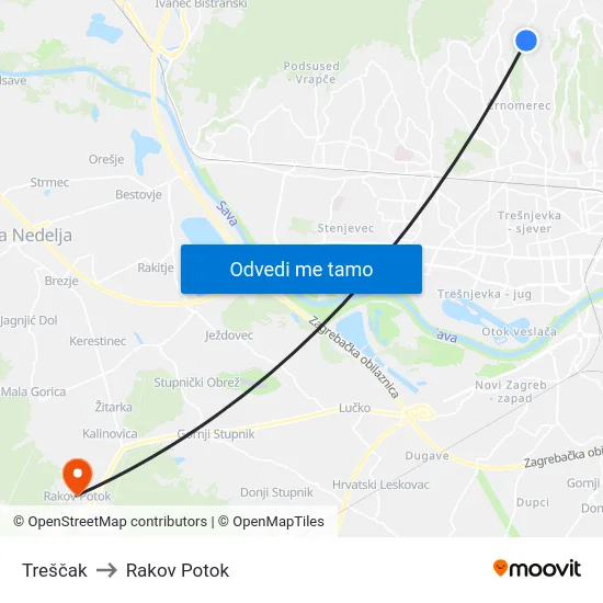 Treščak to Rakov Potok map