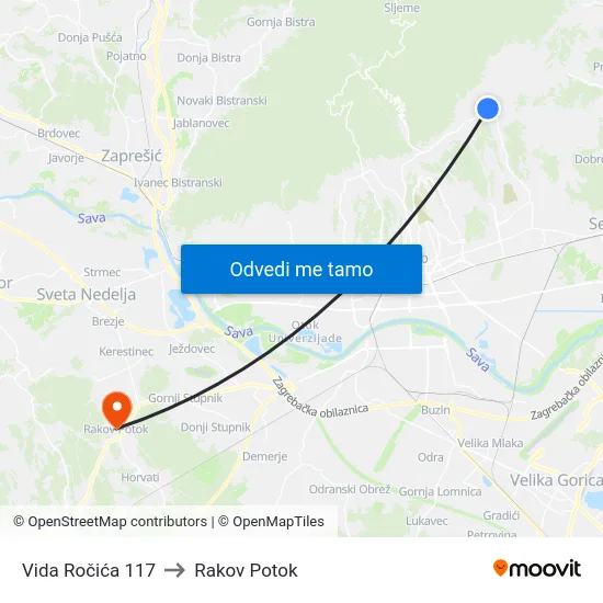 Vida Ročića 117 to Rakov Potok map