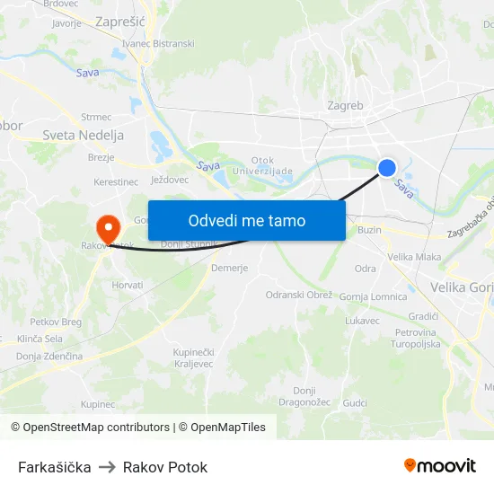Farkašička to Rakov Potok map