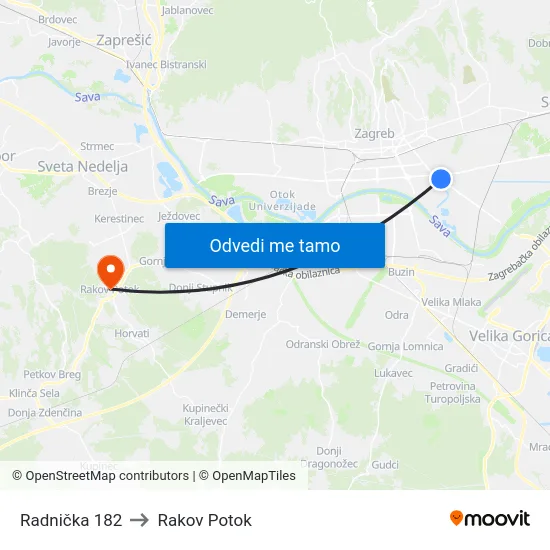 Radnička 182 to Rakov Potok map