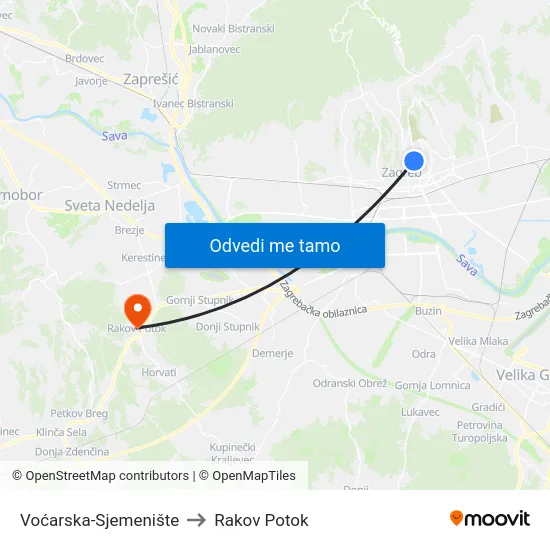 Voćarska-Sjemenište to Rakov Potok map