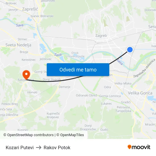 Kozari Putevi to Rakov Potok map