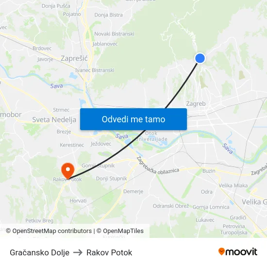 Gračansko Dolje to Rakov Potok map