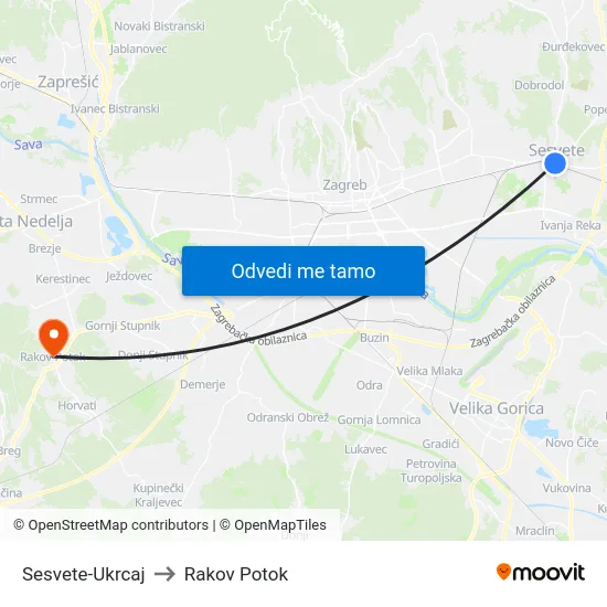 Sesvete-Ukrcaj to Rakov Potok map