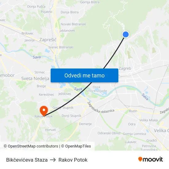 Bikčevićeva Staza to Rakov Potok map