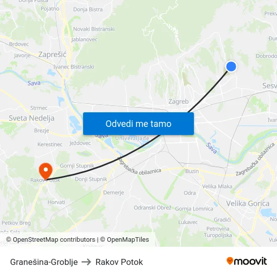 Granešina-Groblje to Rakov Potok map