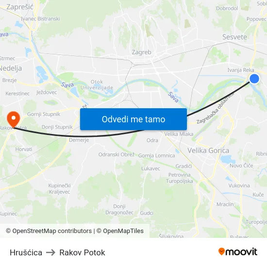Hrušćica to Rakov Potok map