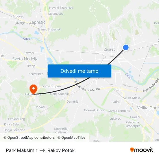 Park Maksimir to Rakov Potok map