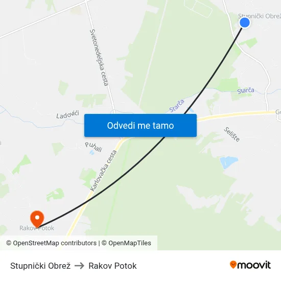 Stupnički Obrež to Rakov Potok map