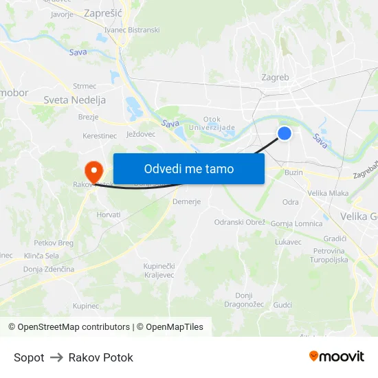 Sopot to Rakov Potok map