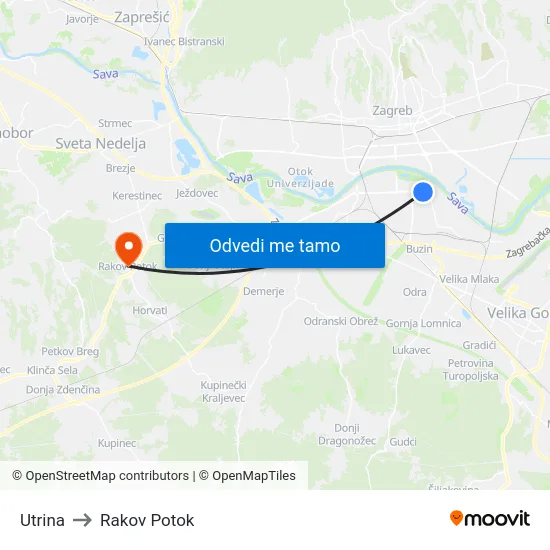 Utrina to Rakov Potok map