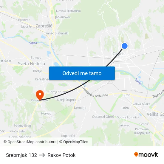 Srebrnjak 132 to Rakov Potok map