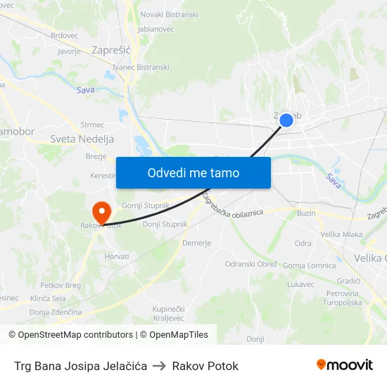 Trg Bana Josipa Jelačića to Rakov Potok map