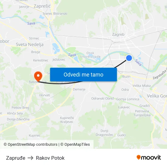 Zapruđe to Rakov Potok map