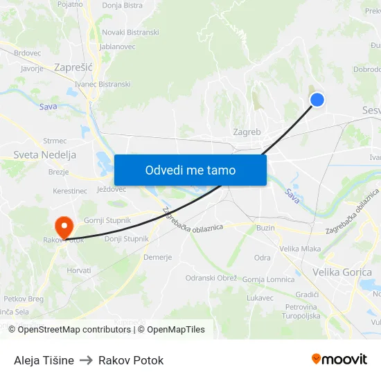Aleja Tišine to Rakov Potok map