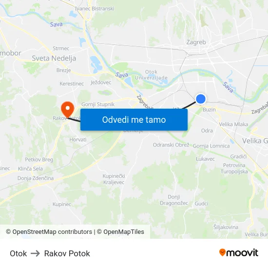 Otok to Rakov Potok map