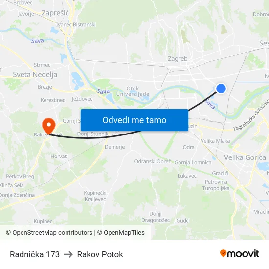 Radnička 173 to Rakov Potok map