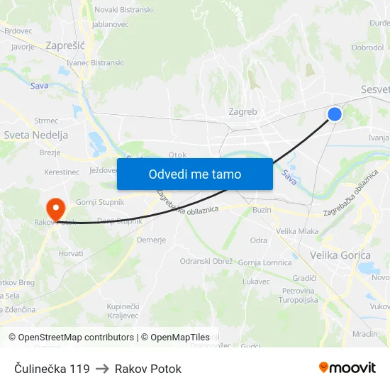 Čulinečka 119 to Rakov Potok map