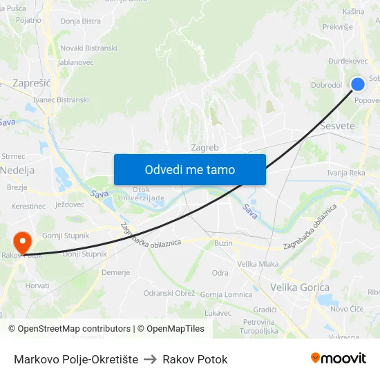 Markovo Polje-Okretište to Rakov Potok map