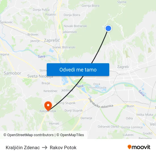 Kraljičin Zdenac to Rakov Potok map