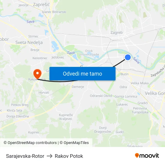 Sarajevska-Rotor to Rakov Potok map