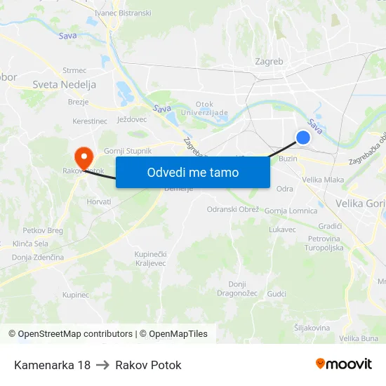 Kamenarka 18 to Rakov Potok map