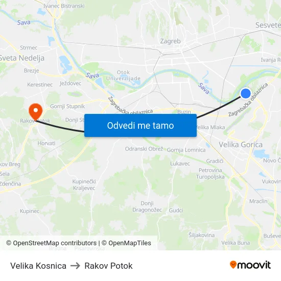 Velika Kosnica to Rakov Potok map