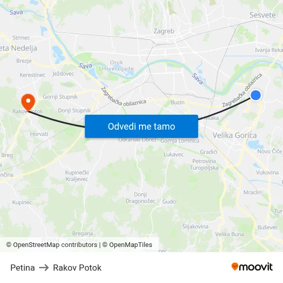 Petina to Rakov Potok map