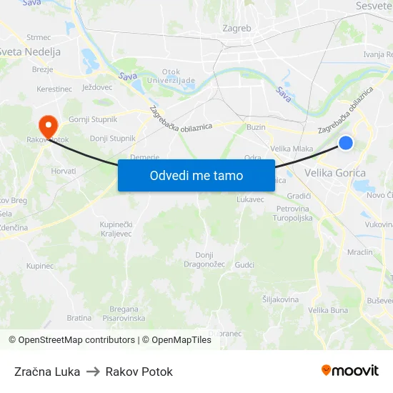Zračna Luka to Rakov Potok map